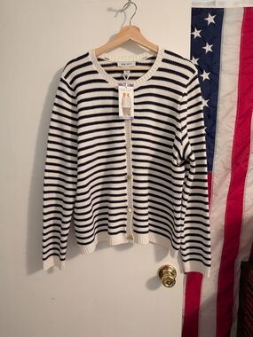 Nine West Navy and White Striped Button-Front Sweater